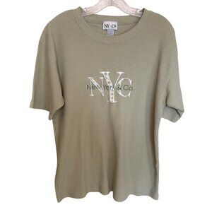 NY & Co Green Waffle Knit Short Sleeve T-Shirt NYC Logo Cotton Blend Womens L